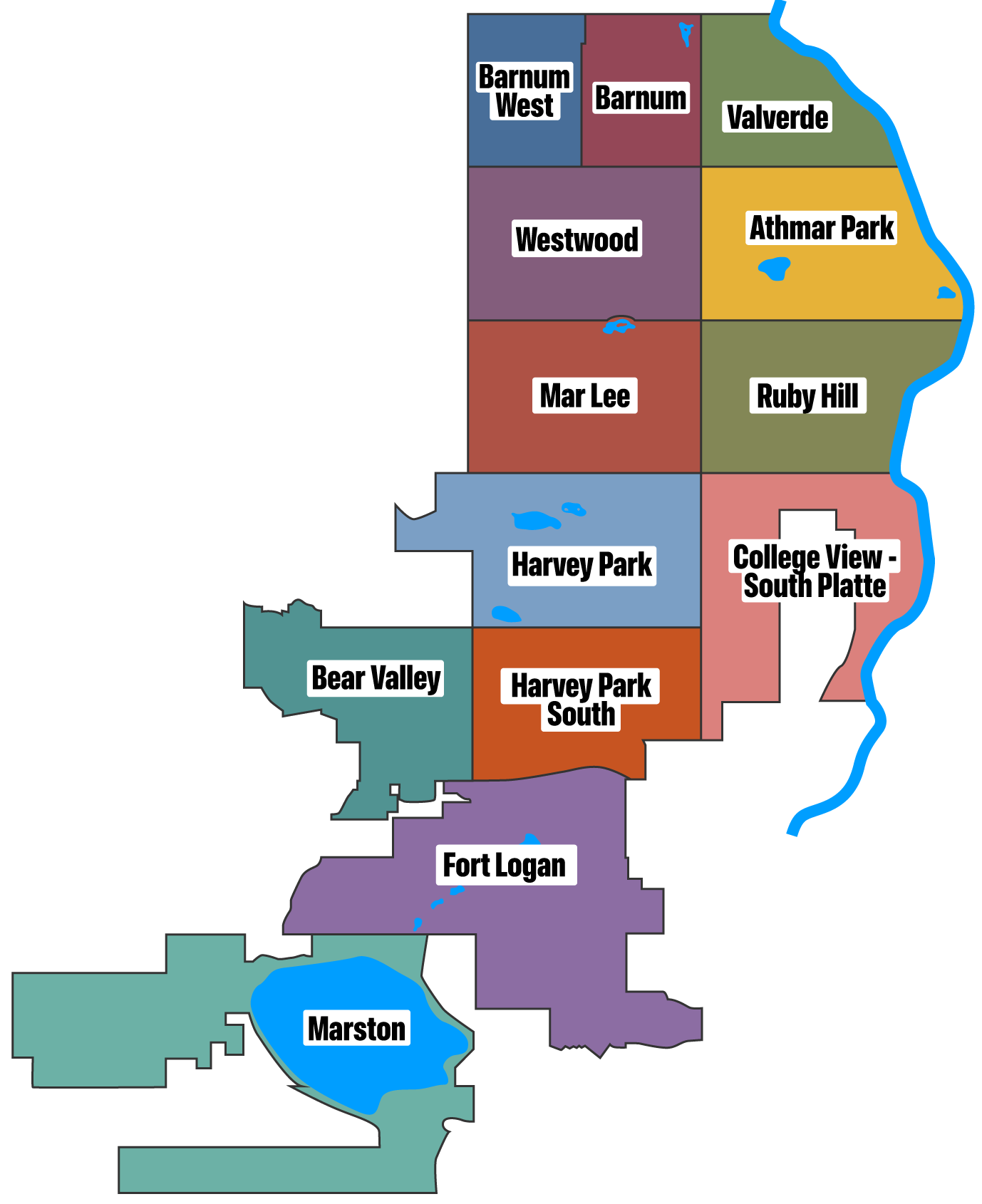 a map of the neighborhoods of Southwest Denver, includes Barnum, Barnum West, Valverde, Westwood, Athmar Park, Mar Lee, Ruby Hill, Harvey Park, College View-South Platte, Bear Valley, Harvey Park South, Fort Logan, and Marston